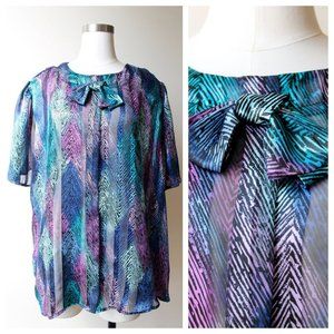 1980s Vintage Purple Blue & Black Chevron Sheer Stripe Short Sleeve Bow Blouse